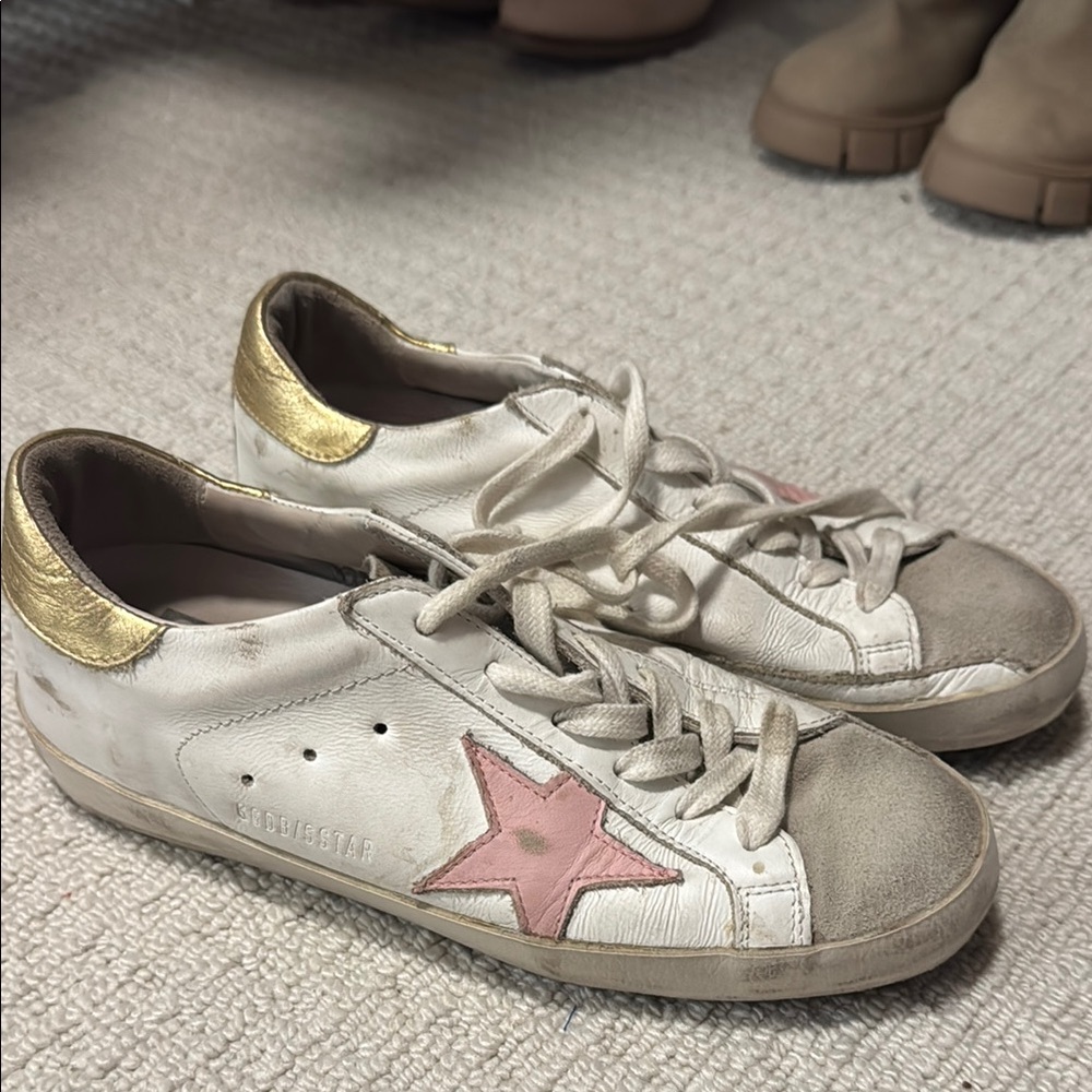 Golden Goose White and Pink Distressed Sneakers